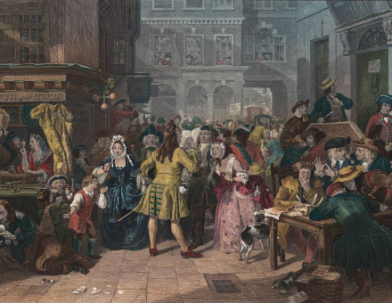 Hogarthian image of the 1720 "South Sea Bubble" from the mid-19th century, by Edward Matthew Ward, Tate Gallery