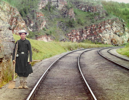 Bashkir switchman near the town Ust' Katav on the Yuryuzan River between Ufa and Chelyabinsk in the Ural Mountains region, c. 1910