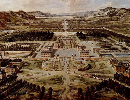 View of Versailles from the Avenue de Paris, ca. 1662 by Pierre Patel. This was how Versailles looked before Louis XIV began enlarging the château.