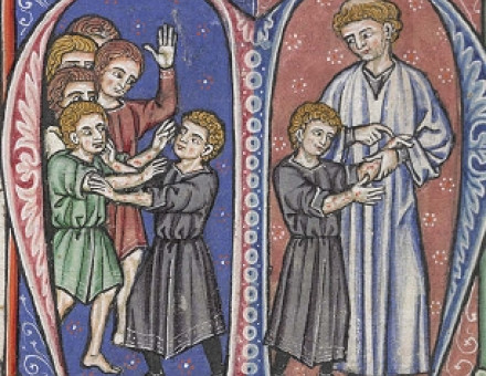 William of Tyre discovers Baldwin's first symptoms of leprosy (MS of L'Estoire d'Eracles (French translation of William of Tyre's Historia), painted in France, 1250s.