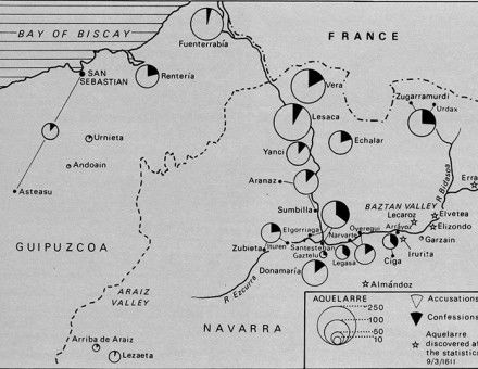 Map of northern Spain, showing proportion of confessions by witches in relation to accusations