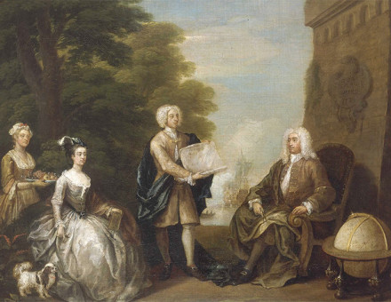 Rogers (right) receives a map of New Providence Island from his son, in a painting by William Hogarth (1729)Rogers (right) receives a map of New Providence Island from his son, in a painting by William Hogarth (1729)