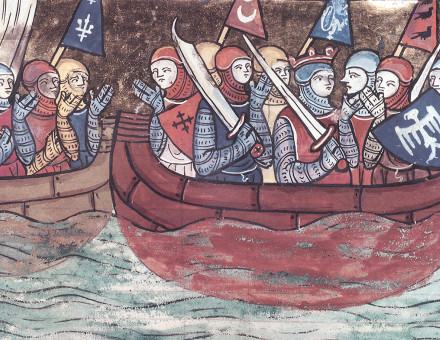 Crusaders embark for the Levant. From ‘Le Roman de Godefroi de Bouillon’, France, 1337. (Bibliothèque Nationale / Bridgeman Images)