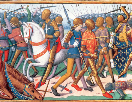 English soldiers escort captured French men-at-arms from the battlefield at Agincourt.