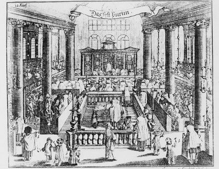 Enlightened: a Berlin synagogue, 18th-century German engraving.