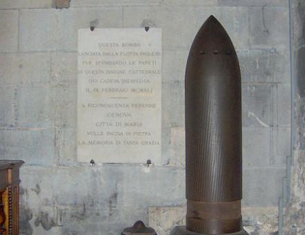 The unexploded shell, fired by HMS Malaya, in the nave of Genoa Cathedral