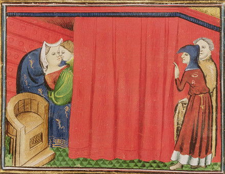 Behind the curtain: an illustration from Barthelemy l'Anglais' Le Livre des Proprietes des choses, c.1410.