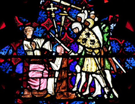 The martyrdom of St Thomas Becket appears in a fourteenth-century stained glass interpretation, which is known as the Becket Window, in Christ Church, Oxford.