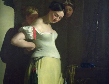 Suffering for fashion: 'Minna at her Toilet' by Sir William Quiller Orchardson, 19th century.