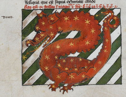 Detail of a miniature of the dragon constellation ('Draco'), in tables from Ptolemy's Almagest.