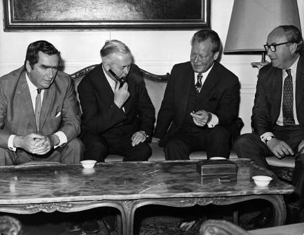 Cerebral summit: Denis Healey (far left) and Roy Jenkins (right) flank Harold Wilson and West German Chancellor, Willi Brandt, London, 1971.