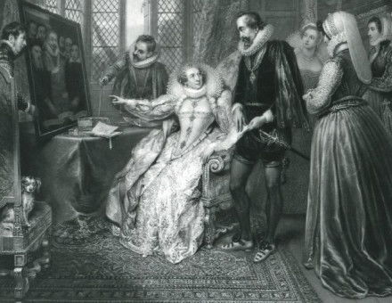 Queen Elizabeth, attended by her Secretary, Sir Francis Walsingham, detecting Babington's conspiracy, by John Charles Bromley, 1830.