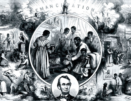 Change at last: engraving celebrating the emancipation of slaves, by Thomas Nast, c.1863.