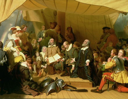 To new worlds: Embarkation of the Pilgrims, 1620 by Robert Walter Weir, 1857.