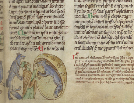 iniature of the priest of Ulster brought by the wolf to its female partner to administer the viaticum; the priest gives communion to the she-wolf in her den. British Library