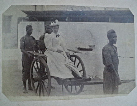 Meeting of cultures: Amelia Jackman in a cart, 19th century.