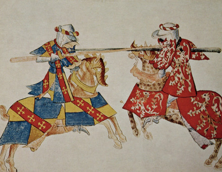 Jousting knights, an illustration from an English manuscript, 15th century