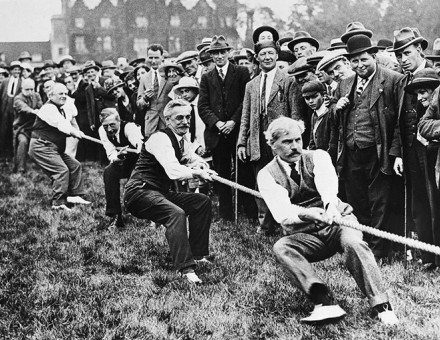 Tug-of-War: Ramsay MacDonald is the first man on the rope at a Labour Party rally, 1923. 