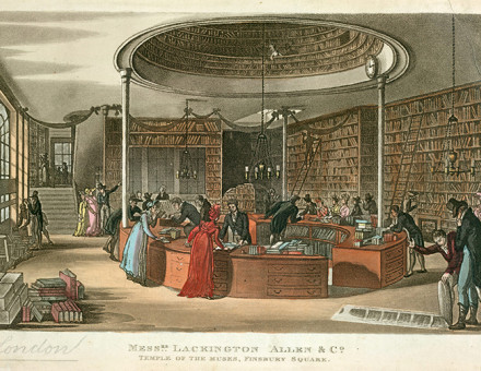Shopping at the Temple of the Muses in a print by Rudolph Ackermann from 1809.