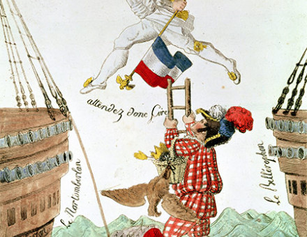 All at sea: 'The Last Leap of a Great Man' (Napoleon). French engraving, early 19th century.