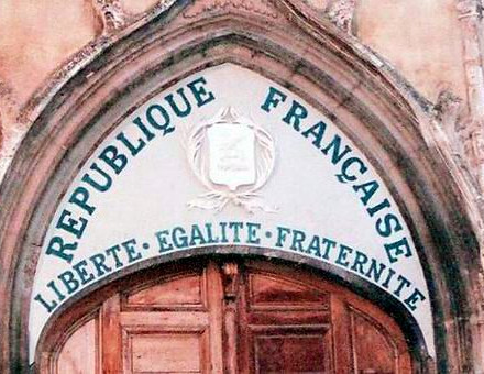 The motto of the French republic on a church in Aups