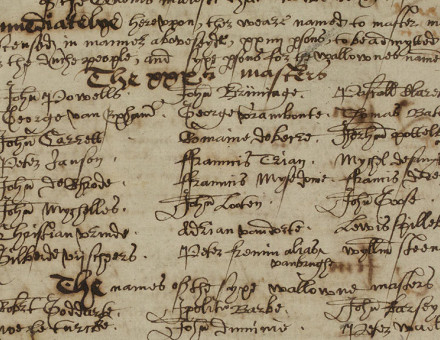 Strangers welcome: the initial invitation to 24 Dutch (beginning with John Powells) and, beneath them, six Walloon masters (beginning with Robert Goddarte) to settle in Norwich, 1565.