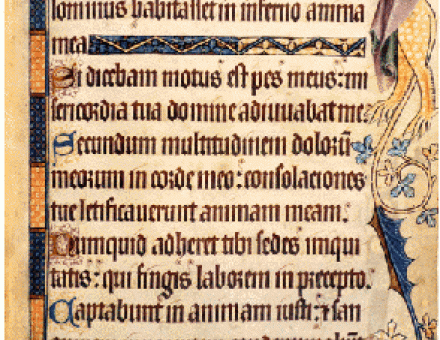 Page from the 14th-century Luttrell Psalter, showing drolleries on the right margin and a ploughman at the bottom