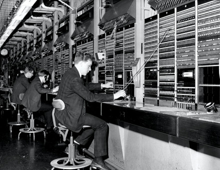 These walls have ears: telephone exchange, Holborn, London, 1968.