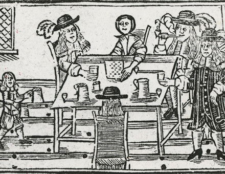 Woodcut of a tavern scene, English, 17th century