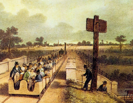  Painting depicting the opening of the Liverpool and Manchester Railway in 1830, the first inter-city railway in the world.