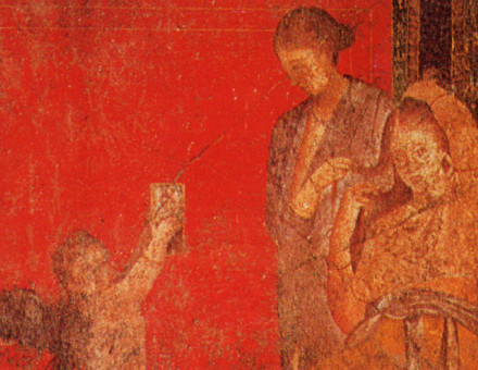 A servant fixes a young woman's hair. Detail of a fresco from the Villa of the Mysteries, Pompeii, c.50 BC