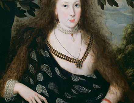 Elizabeth Watson, daughter of a major investor in the Virginia Company, wears pearls and ostrich-feather designs - both symbols of the Americas - in a portrait by Robert Peake, 1615