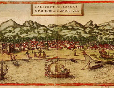 Image of Calicut, India from Georg Braun and Frans Hogenberg's atlas Civitates orbis terrarum, 1572.