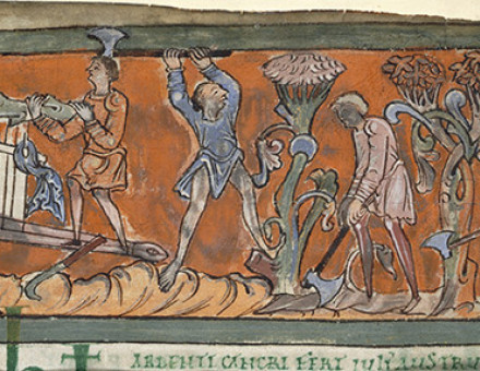 Cutting and loading wood: from an Anglo-Saxon calendar page for July, 11th century