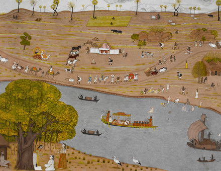 River scene with a nobleman, shrine and travellers, watercolour, India, c.1760.