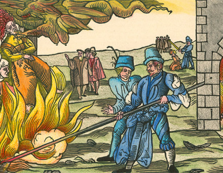 Witches being burnt at the stake, from a German woodcut of 1555.