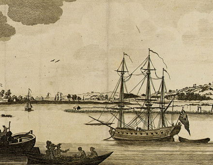 View of the Thames with an executed pirate hanging from the gibbets in the background. Copper-plate engraving from London Magazine, 1782 (detail).