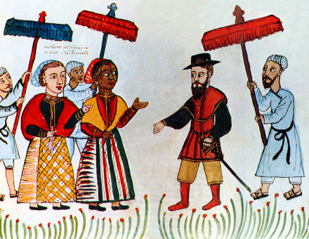 A Portuguese merchant is greeted by his Indian household, early 16th century.