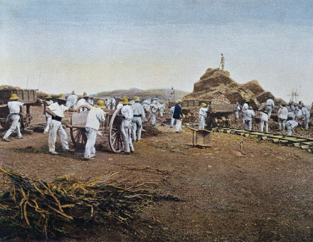 Prisoners at work at the Noumea Penal Colony, New Caledonia, engraved by Gillot, c.1900.