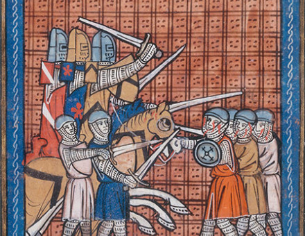 Knights and foot soldiers engage in battle during the war between Philip II of France and King John, French manuscript, 13th century. 