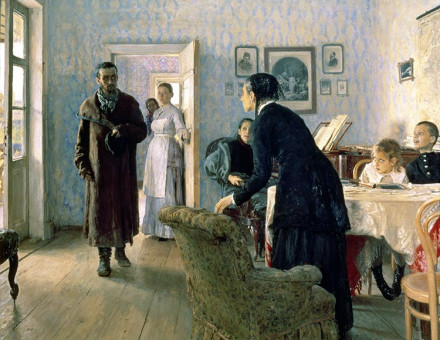Unexpected, Ilya Repin’s depiction of an exile’s unannounced return to his home in Moscow, 1884-88. 