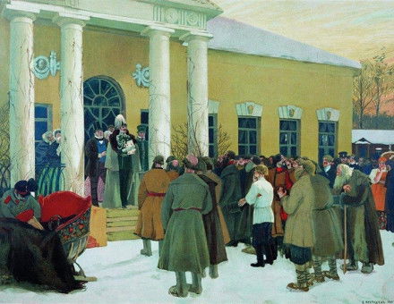 A 1907 painting by Boris Kustodiev depicting the muzhiks listening to the proclamation of the Emancipation Manifesto in 1861