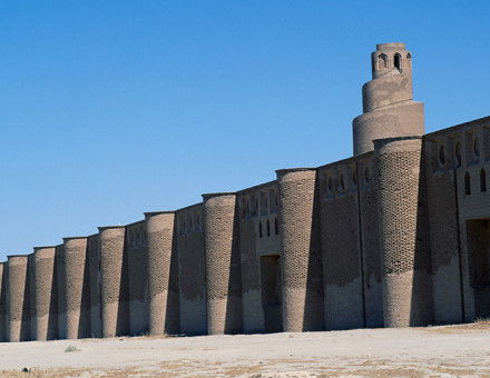 The walls and minaret of the Abu Dulaf mosque, Samarra, Iraq, ninth century.