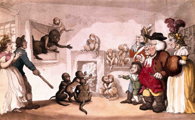Coloured engraving by Thomas Rowlandson, dated 1799, of the Tower Menagerie, entitled &quot;The Monkey House&quot; (TR.840). (c) Dr A Borg