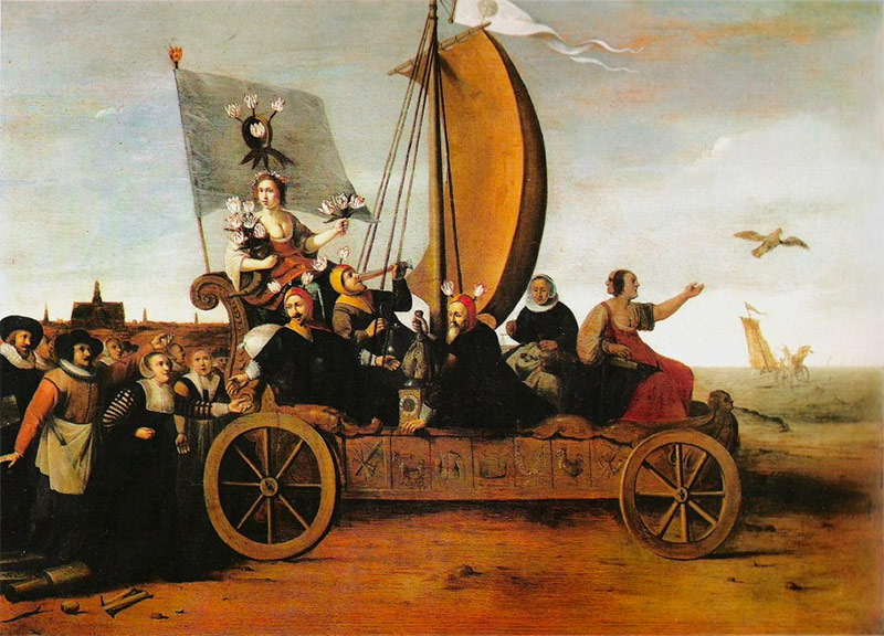 Wagon of Fools by Hendrik Gerritsz Pot, 1637: citizens of Haarlem follow a fool’s chariot conveying Flora and the tulip-mad.