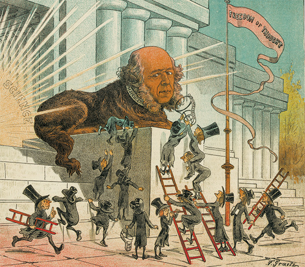 Herbert Spencer as a dog statue about to be muzzled. The caption to this Puck cover of 1883 reads: 'The Society for the Suppression of Blasphemous Literature proposes to get up cases against Professors Huxley and Tyndall, Herbert Spencer, and others who, by their writings have sown widespread unbelief, and in some cases rank atheism'