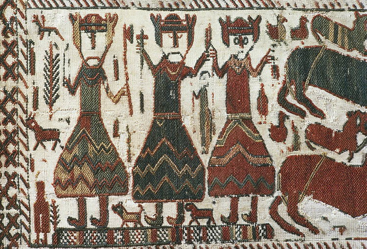 Detail from the Skogchurch Tapestry depicting the Norse Gods Odin, Thor and Freyr, Sweden, 12th century. 