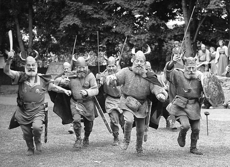 Members of the Danish Viking Olayers of Fredrikssund rehearse for a pageant marking the 75th anniversary of the Borough of Ramsgate, Kent