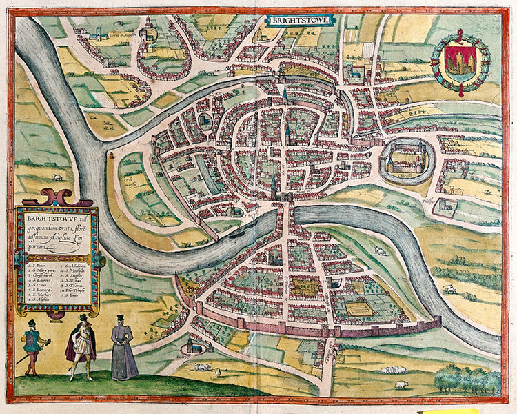 A map of Bristol, 1581. Worcester was born north-west of the city's castle.