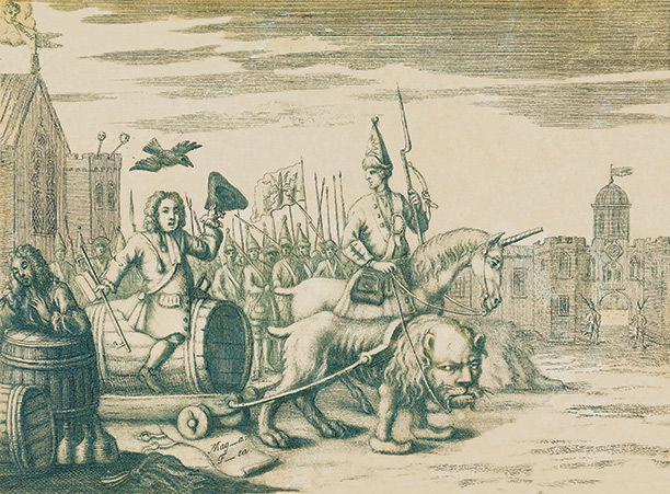 An anonymous satire on the Excise Bill 1733 shows the Prime Minister Robert Wapole seated astride a wine barrel. His government's taxes on wine and tobacco were seen as an infringement of British liberty; the lion is constrained by continental clogs. British Museum